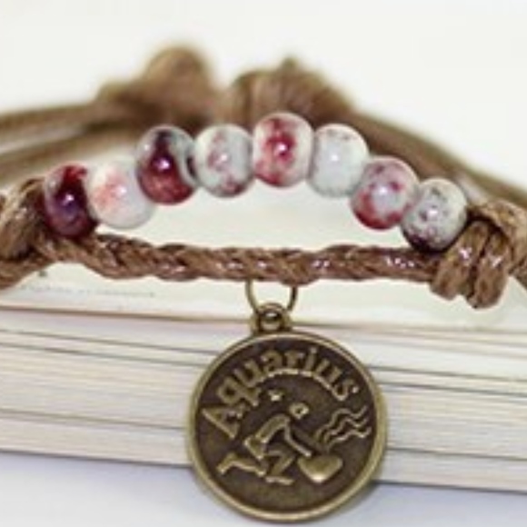 Aquarius Zodiac Charm Beaded Rope Bangle Bracelet - Picture 2 of 8